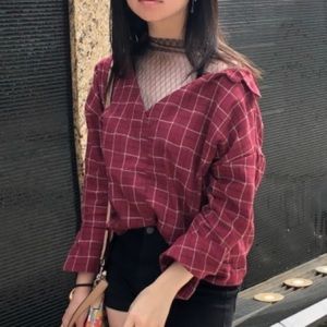 plaid red top w a black v shaped lace